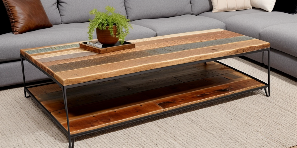 Picture of a stunning coffee table made from reclaimed wood with metal hairpin legs and a touch of stain