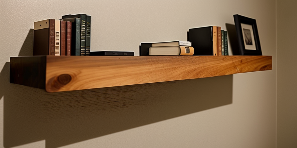 Picture of a floating shelf made of wood with brackets mounted on the wall and a touch of stain